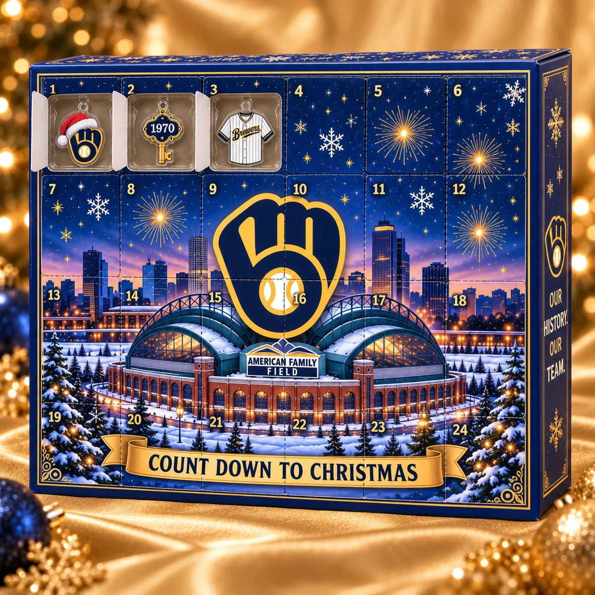 Brewers advent calendar countdown side with 24 numbered doors, doors 1 to 3 opened