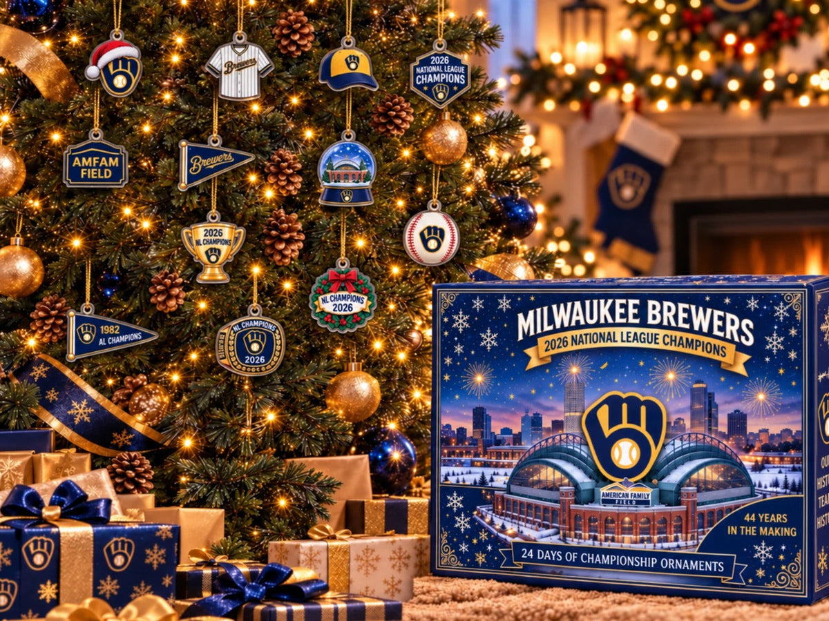 Brewers NL Champions ornaments hanging on a Christmas tree next to the advent calendar box