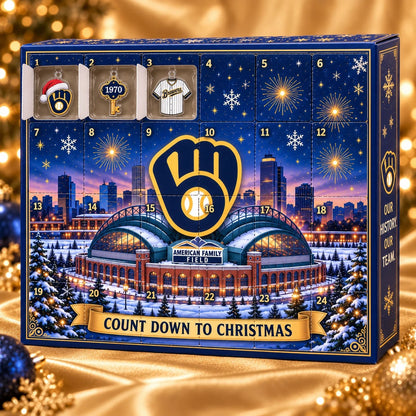 Brewers advent calendar countdown side with 24 numbered doors, doors 1 to 3 opened