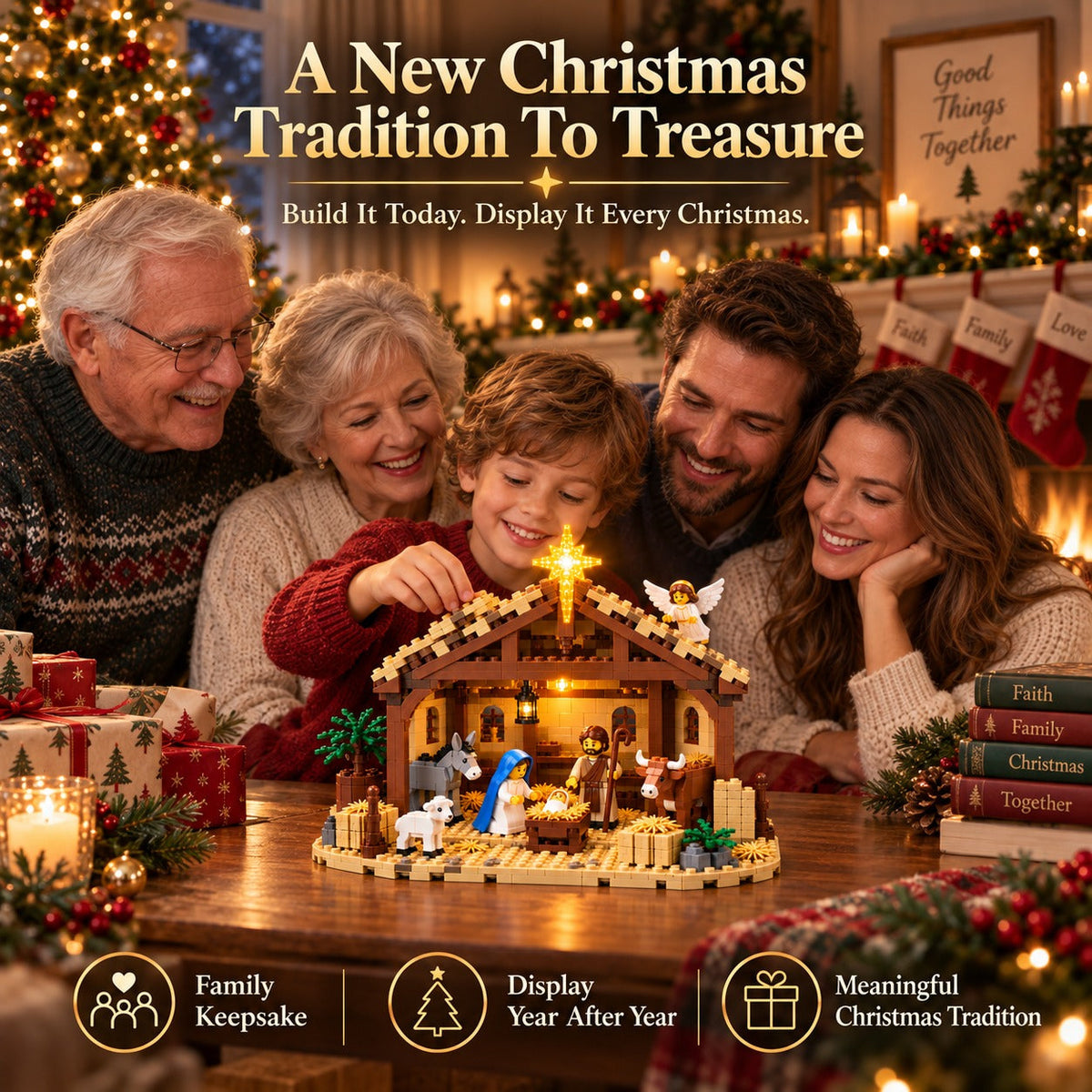 Nativity Story Building Brick Set with Light-Up Bethlehem Star – Christmas Nativity Scene - front view