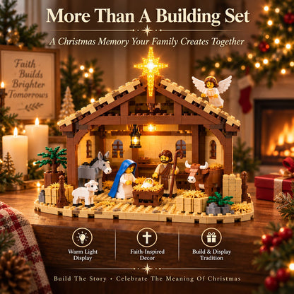 Nativity Story brick set - stable with glowing Bethlehem Star, Holy Family, angel and animals