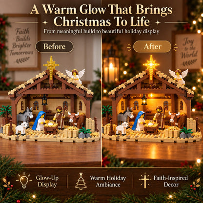 Nativity brick set before and after the warm LED lights are switched on